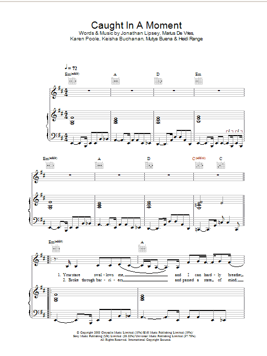 Sugababes Caught In A Moment Sheet Music Notes & Chords for Piano, Vocal & Guitar - Download or Print PDF