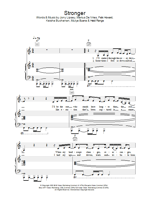 Sugababes Stronger Sheet Music Notes & Chords for Piano, Vocal & Guitar - Download or Print PDF