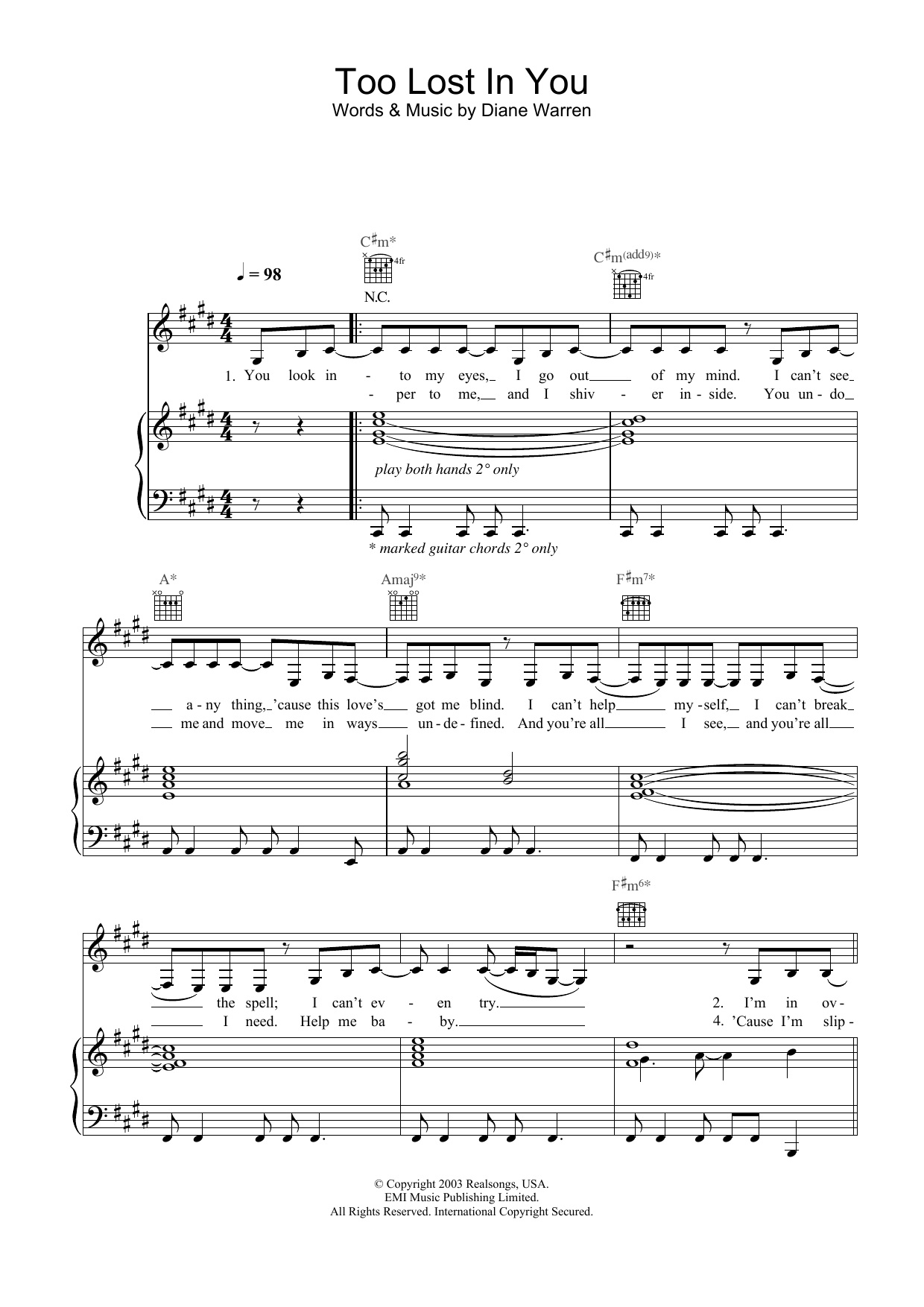 Sugababes Too Lost In You Sheet Music Notes & Chords for Melody Line, Lyrics & Chords - Download or Print PDF