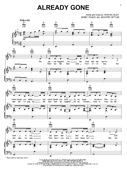 Sugarland Already Gone Sheet Music Notes & Chords for Piano, Vocal & Guitar (Right-Hand Melody) - Download or Print PDF