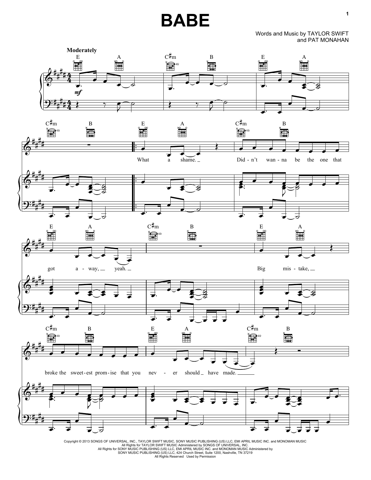 Sugarland feat. Taylor Swift Babe Sheet Music Notes & Chords for Piano, Vocal & Guitar (Right-Hand Melody) - Download or Print PDF
