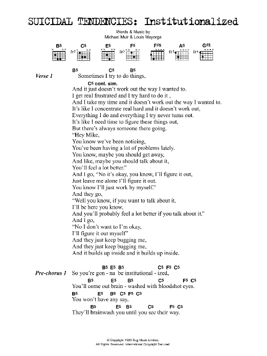 Suicidal Tendencies Institutionalized Sheet Music Notes & Chords for Bass Guitar Tab - Download or Print PDF