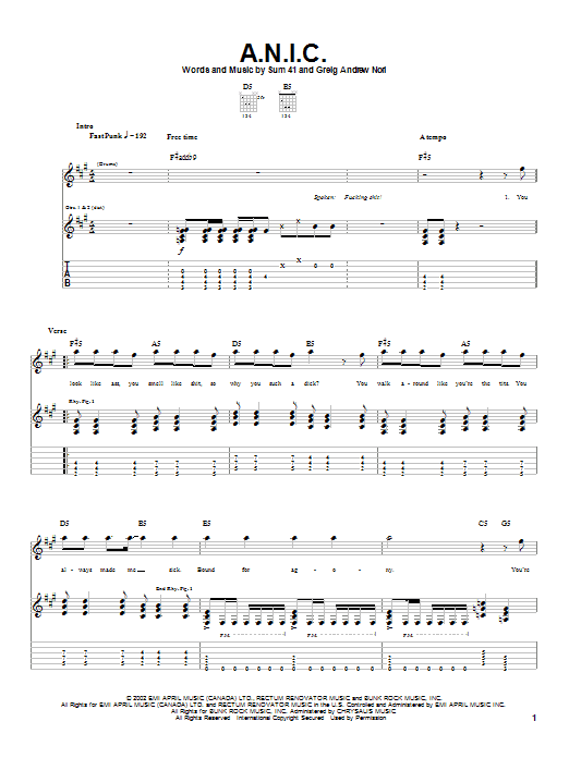 Sum 41 A.N.I.C. Sheet Music Notes & Chords for Guitar Tab - Download or Print PDF Sum 41 A.N.I.C. Sheet Music Notes & Chords for Guitar Tab - Download or Print PDF