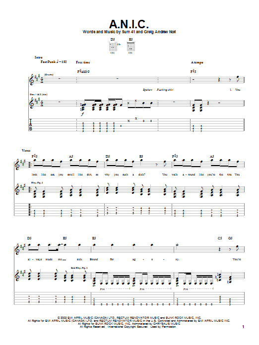 Sum 41 A.N.I.C. Sheet Music Notes & Chords for Guitar Tab - Download or Print PDF