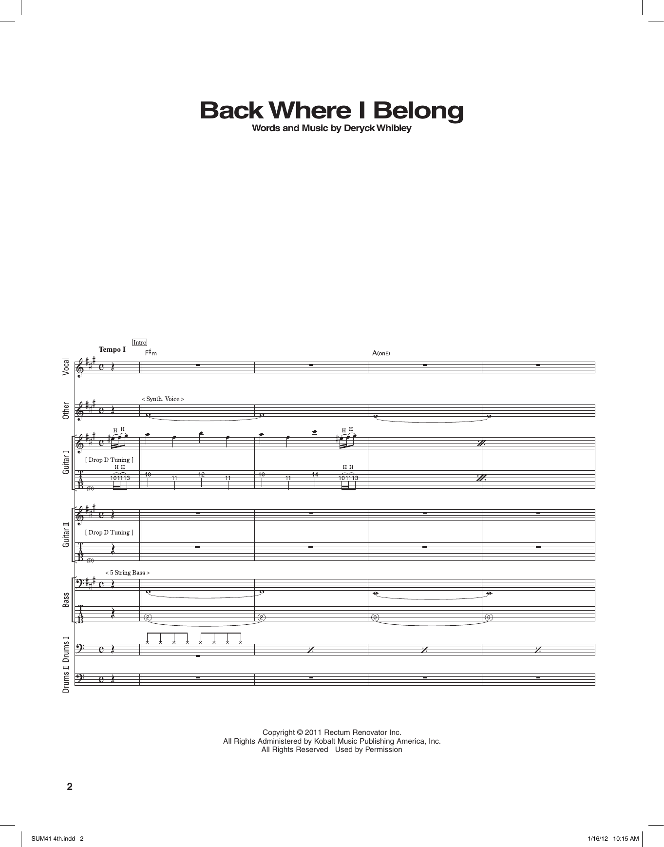 Sum 41 Back Where I Belong Sheet Music Notes & Chords for Transcribed Score - Download or Print PDF