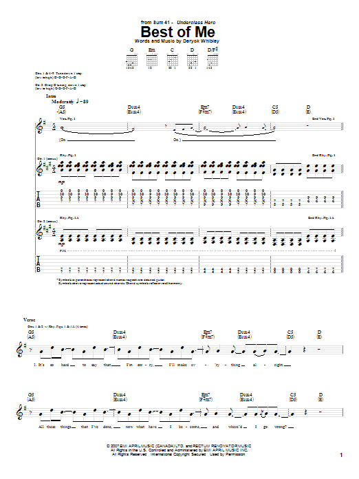 Sum 41 Best Of Me Sheet Music Notes & Chords for Guitar Tab - Download or Print PDF
