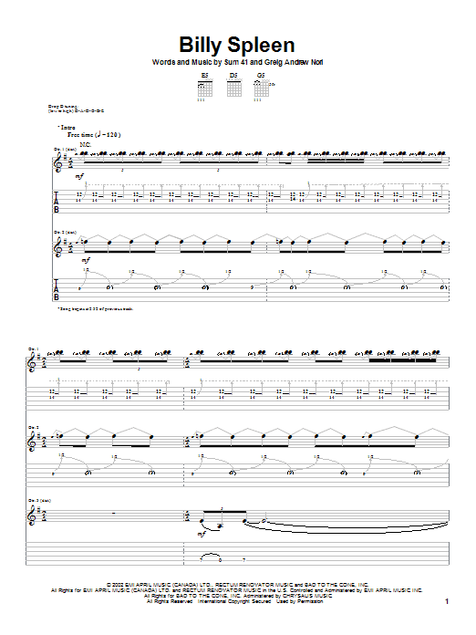 Sum 41 Billy Spleen Sheet Music Notes & Chords for Guitar Tab - Download or Print PDF