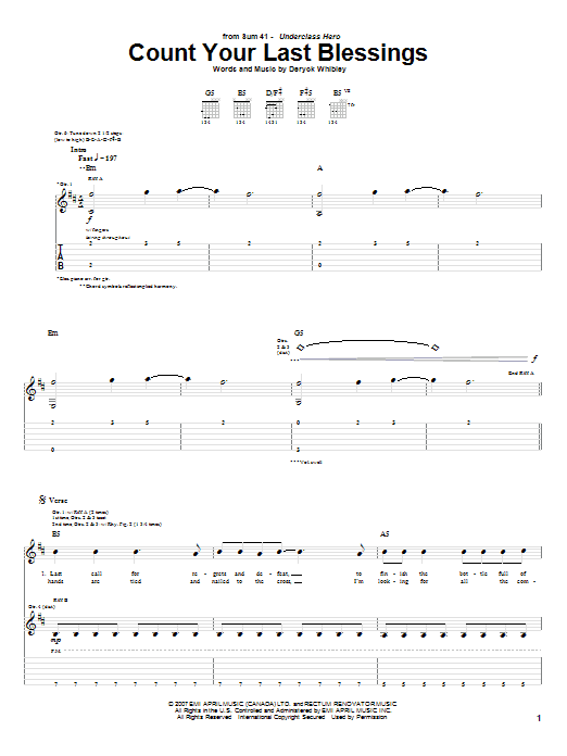 Sum 41 Count Your Last Blessings Sheet Music Notes & Chords for Guitar Tab - Download or Print PDF