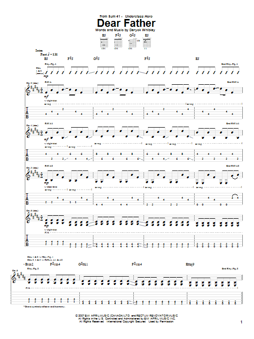 Sum 41 Dear Father Sheet Music Notes & Chords for Guitar Tab - Download or Print PDF