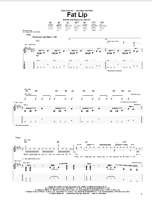 Sum 41 Fat Lip Sheet Music Notes & Chords for Lyrics & Chords - Download or Print PDF