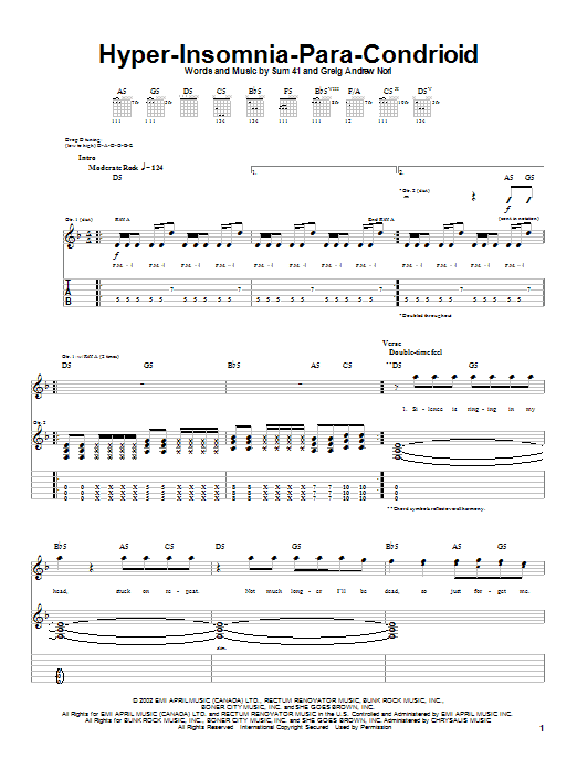 Sum 41 Hyper-Insomnia-Para-Condrioid Sheet Music Notes & Chords for Guitar Tab - Download or Print PDF