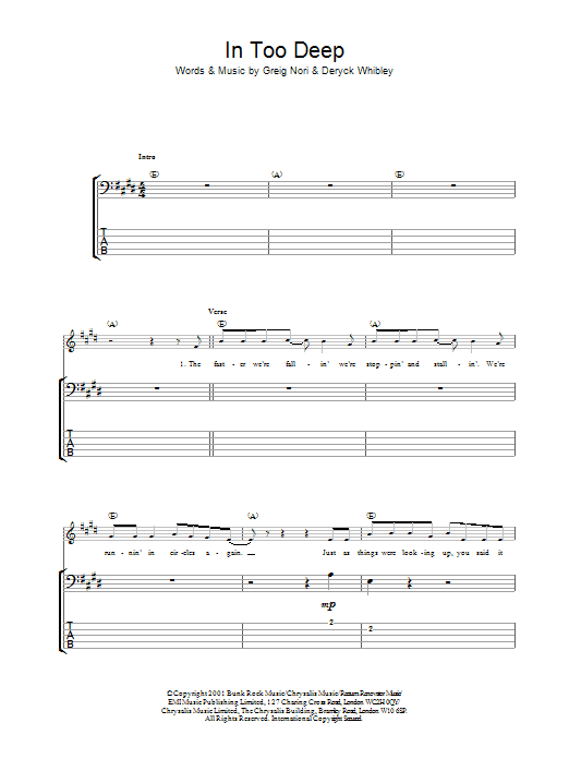Sum 41 In Too Deep Sheet Music Notes & Chords for Lyrics & Chords - Download or Print PDF
