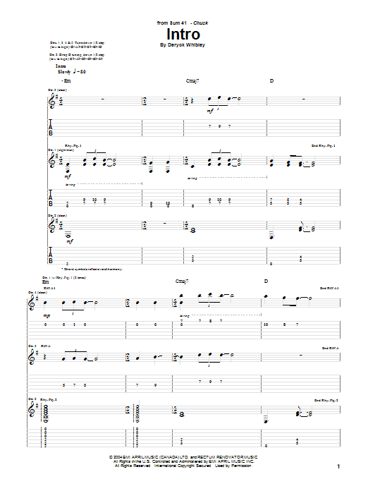 Sum 41 Intro Sheet Music Notes & Chords for Guitar Tab - Download or Print PDF