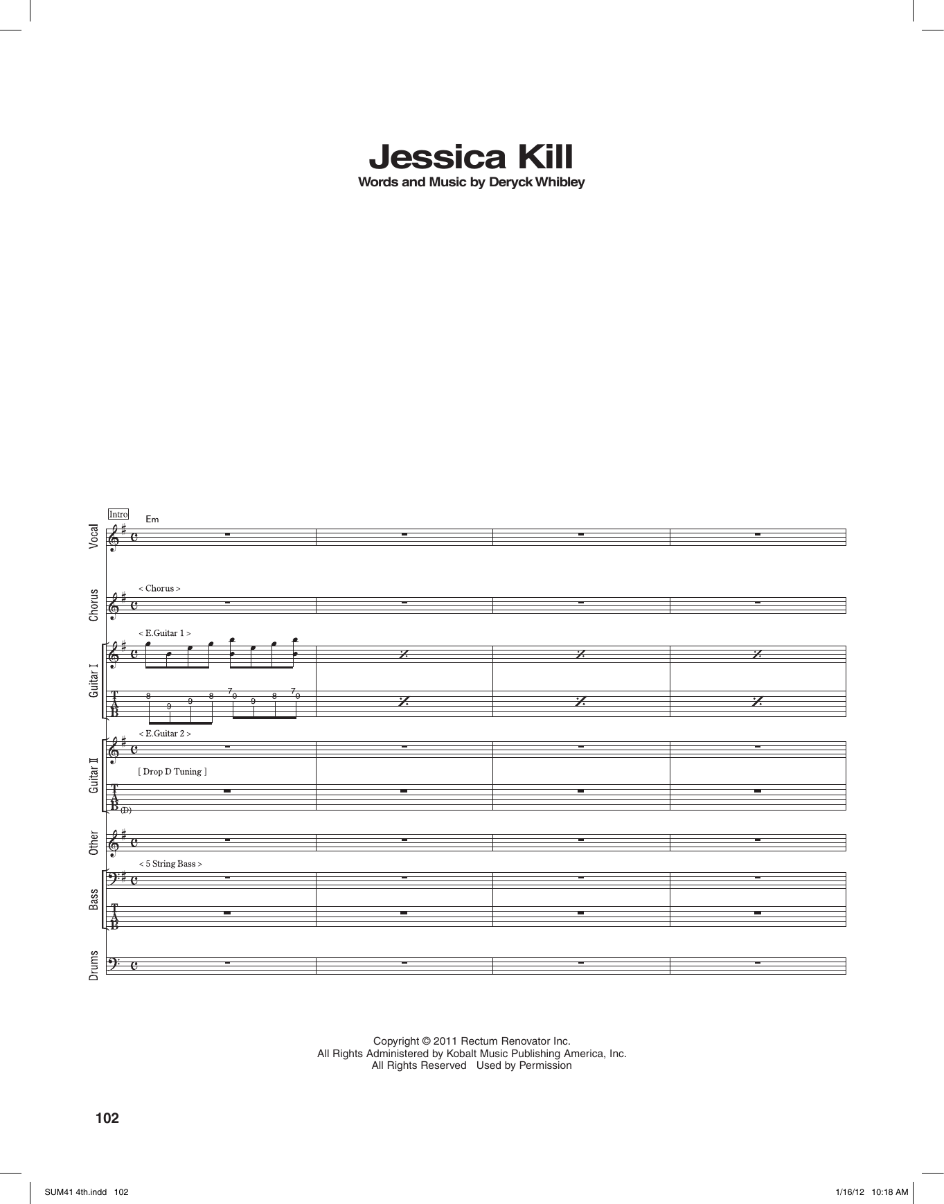 Sum 41 Jessica Kill Sheet Music Notes & Chords for Transcribed Score - Download or Print PDF