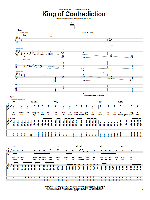 Sum 41 King Of Contradiction Sheet Music Notes & Chords for Guitar Tab - Download or Print PDF