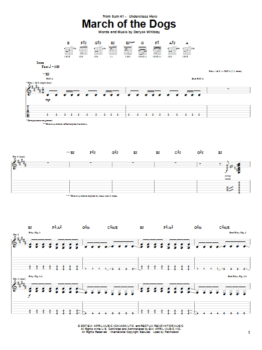 Sum 41 March Of The Dogs Sheet Music Notes & Chords for Guitar Tab - Download or Print PDF