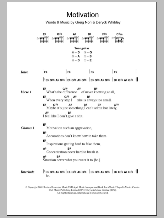 Sum 41 Motivation Sheet Music Notes & Chords for Lyrics & Chords - Download or Print PDF