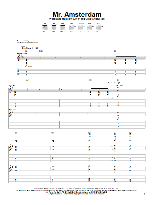 Sum 41 Mr. Amsterdam Sheet Music Notes & Chords for Guitar Tab - Download or Print PDF