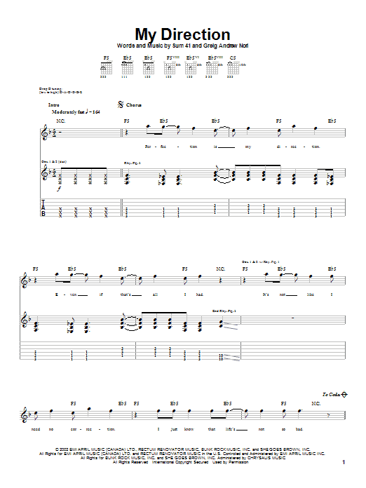 Sum 41 My Direction Sheet Music Notes & Chords for Guitar Tab - Download or Print PDF