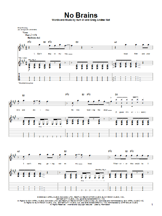Sum 41 No Brains Sheet Music Notes & Chords for Guitar Tab - Download or Print PDF Sum 41 No Brains Sheet Music Notes & Chords for Guitar Tab - Download or Print PDF