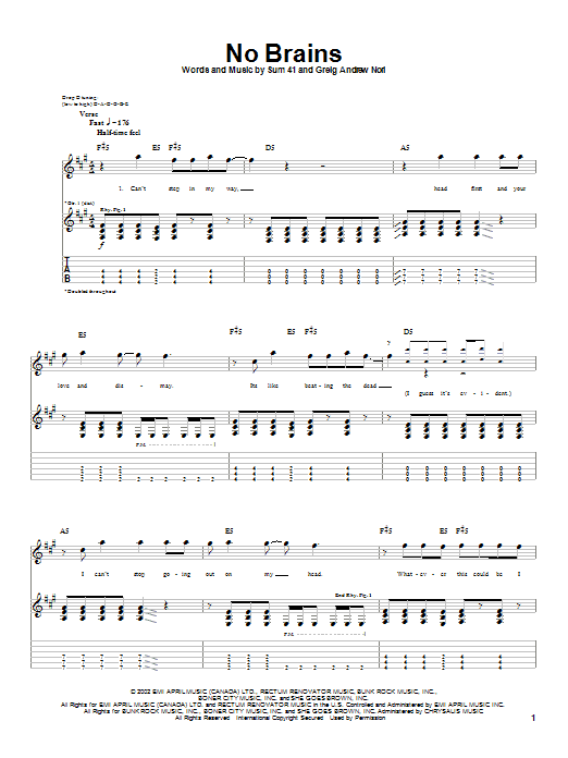 Sum 41 No Brains Sheet Music Notes & Chords for Guitar Tab - Download or Print PDF