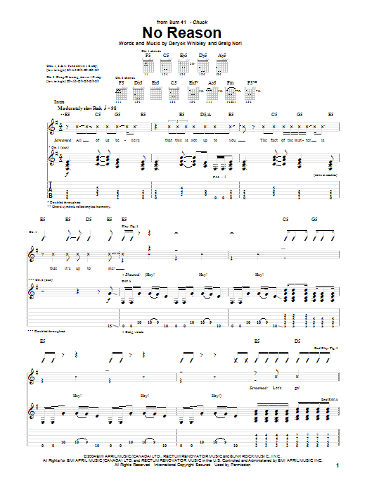 Sum 41 No Reason Sheet Music Notes & Chords for Guitar Tab - Download or Print PDF