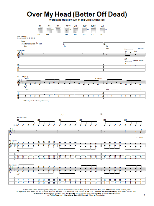 Sum 41 Over My Head (Better Off Dead) Sheet Music Notes & Chords for Guitar Tab - Download or Print PDF
