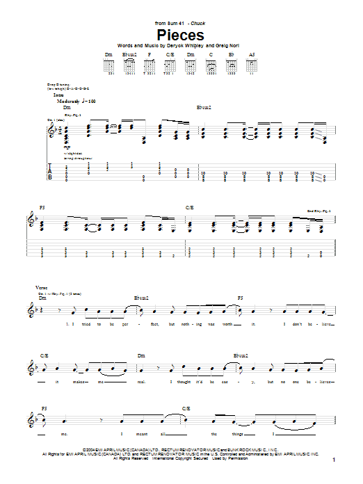 Sum 41 Pieces Sheet Music Notes & Chords for Guitar Tab - Download or Print PDF