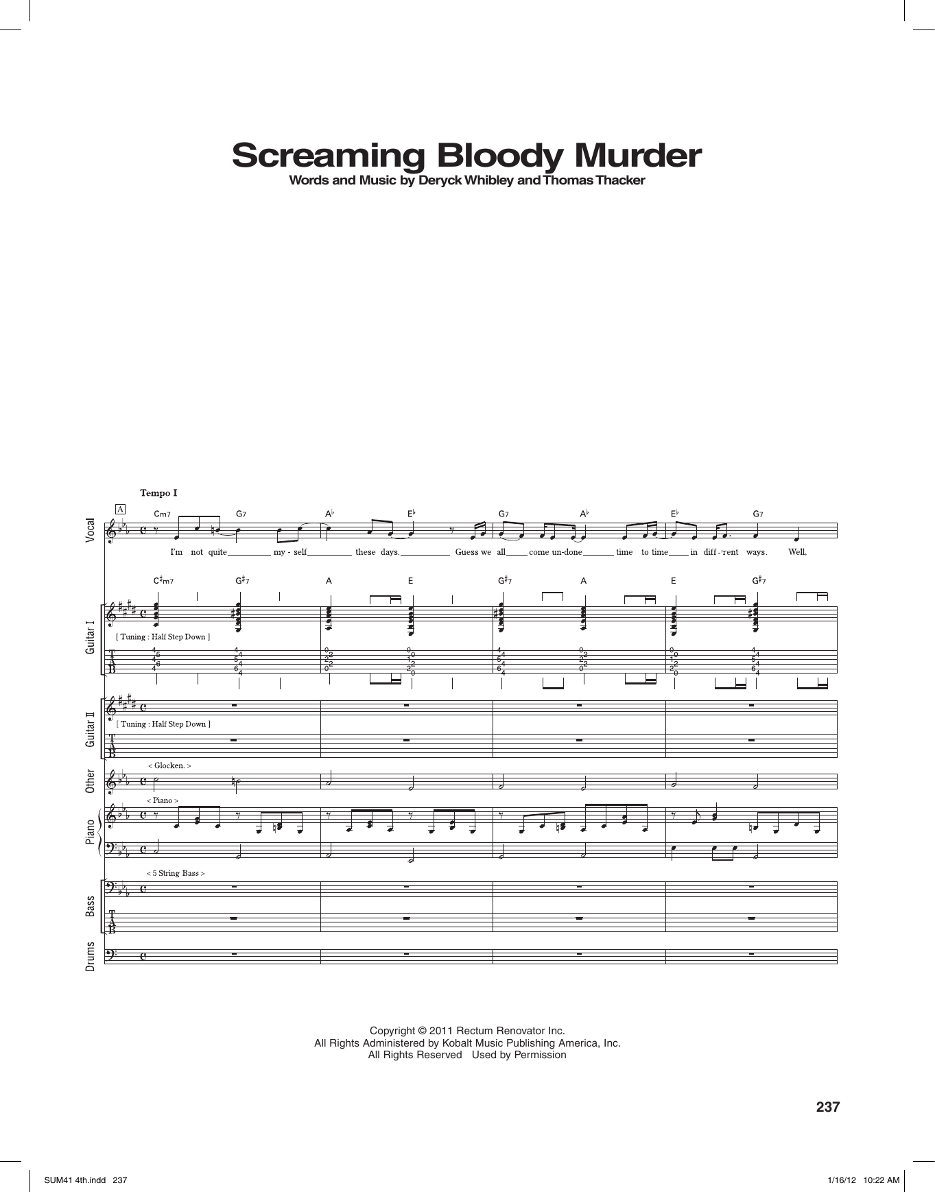 Sum 41 Screaming Bloody Murder Sheet Music Notes & Chords for Transcribed Score - Download or Print PDF