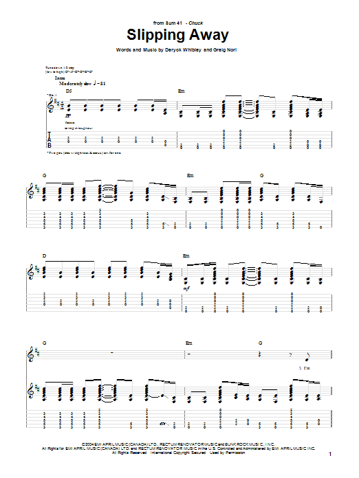 Sum 41 Slipping Away Sheet Music Notes & Chords for Guitar Tab - Download or Print PDF