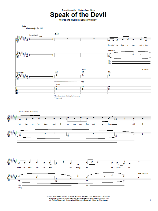 Sum 41 Speak Of The Devil Sheet Music Notes & Chords for Guitar Tab - Download or Print PDF