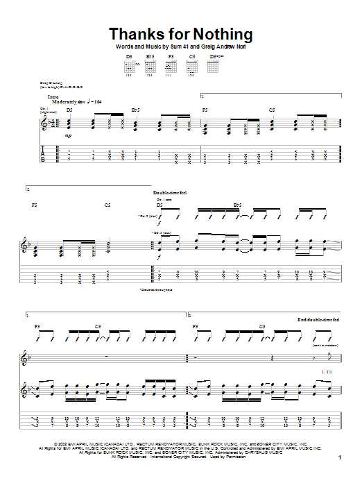 Sum 41 Thanks For Nothing Sheet Music Notes & Chords for Guitar Tab - Download or Print PDF Sum 41 Thanks For Nothing Sheet Music Notes & Chords for Guitar Tab - Download or Print PDF