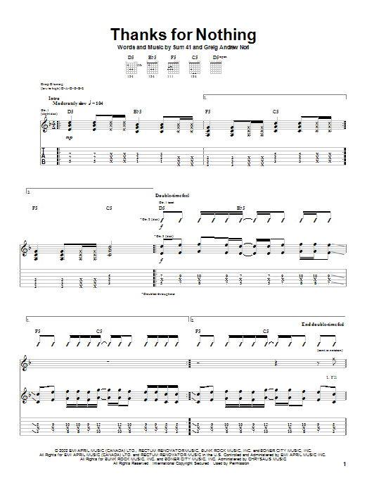Sum 41 Thanks For Nothing Sheet Music Notes & Chords for Guitar Tab - Download or Print PDF