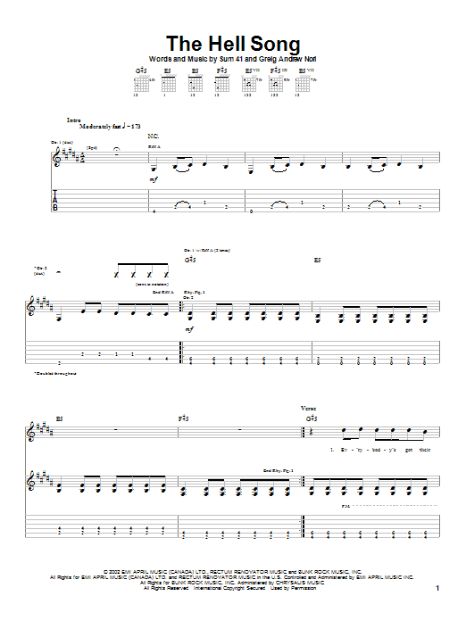 Sum 41 The Hell Song Sheet Music Notes & Chords for Guitar Tab - Download or Print PDF