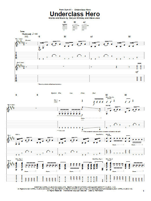 Sum 41 Underclass Hero Sheet Music Notes & Chords for Guitar Tab - Download or Print PDF