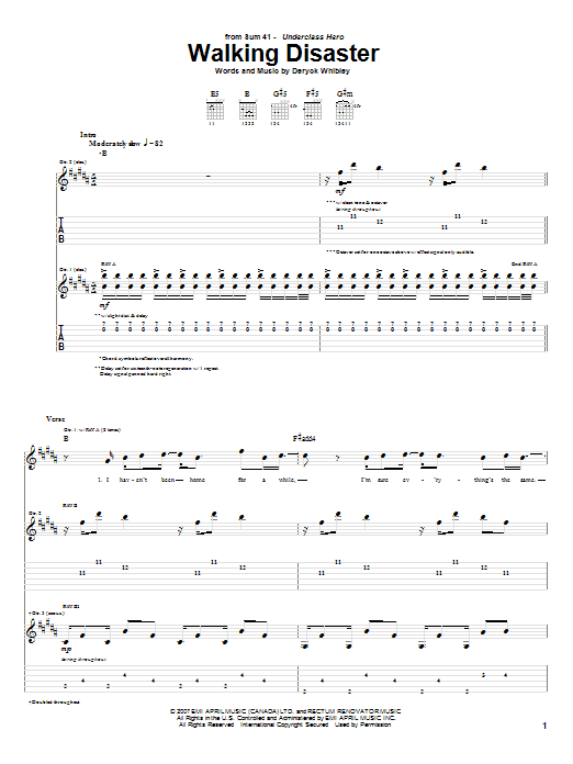 Sum 41 Walking Disaster Sheet Music Notes & Chords for Guitar Tab - Download or Print PDF