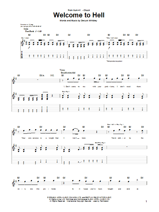 Sum 41 Welcome To Hell Sheet Music Notes & Chords for Guitar Tab - Download or Print PDF