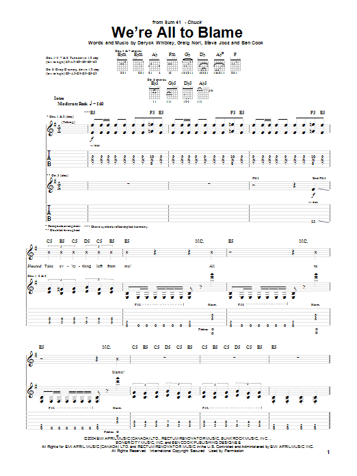 Sum 41 We're All To Blame Sheet Music Notes & Chords for Guitar Tab - Download or Print PDF