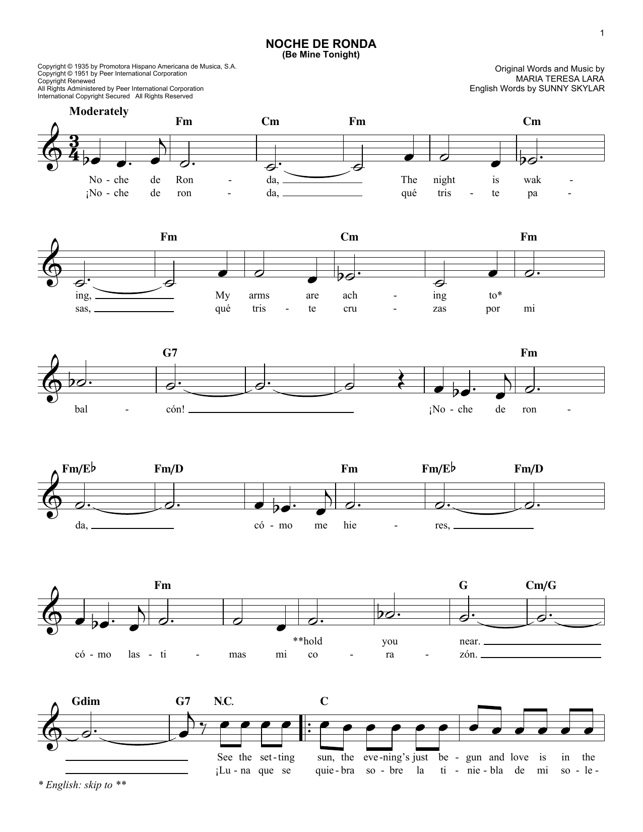 Sunny Skylar Noche De Ronda (Be Mine Tonight) Sheet Music Notes & Chords for Melody Line, Lyrics & Chords - Download or Print PDF