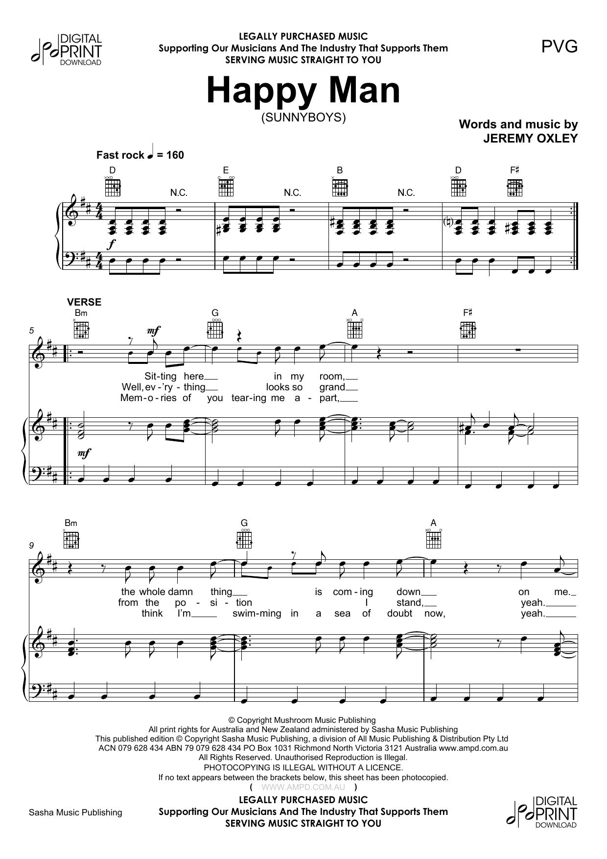 Sunnyboys Happy Man Sheet Music Notes & Chords for Piano, Vocal & Guitar (Right-Hand Melody) - Download or Print PDF