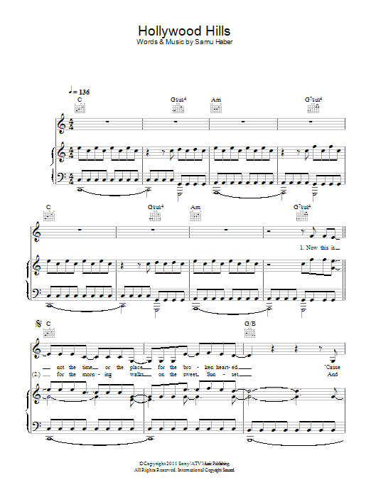 Sunrise Avenue Hollywood Hills Sheet Music Notes & Chords for Piano, Vocal & Guitar (Right-Hand Melody) - Download or Print PDF
