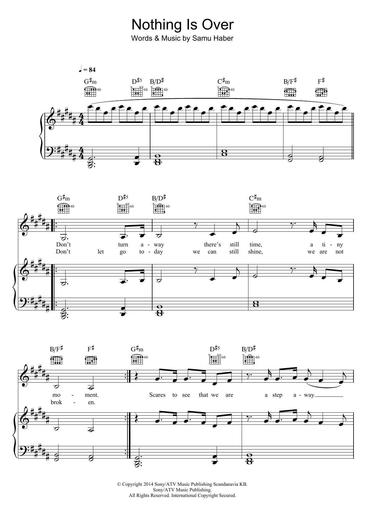 Sunrise Avenue Nothing Is Over Sheet Music Notes & Chords for Piano, Vocal & Guitar (Right-Hand Melody) - Download or Print PDF
