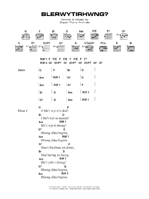 Super Furry Animals Blerwytirhwng Sheet Music Notes & Chords for Lyrics & Chords - Download or Print PDF