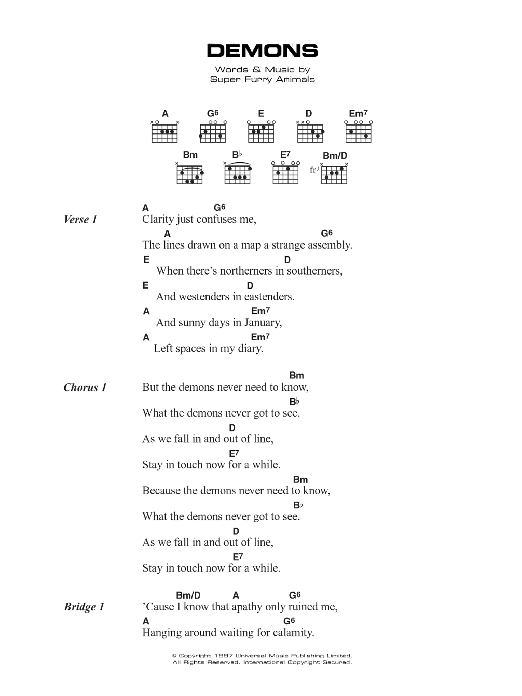 Super Furry Animals Demons Sheet Music Notes & Chords for Lyrics & Chords - Download or Print PDF