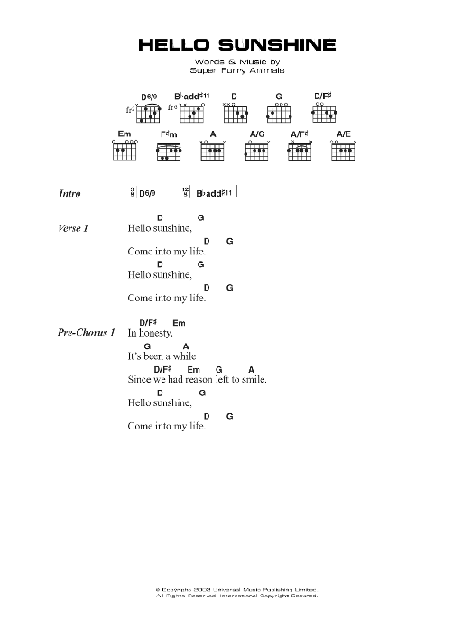 Super Furry Animals Hello Sunshine Sheet Music Notes & Chords for Lyrics & Chords - Download or Print PDF