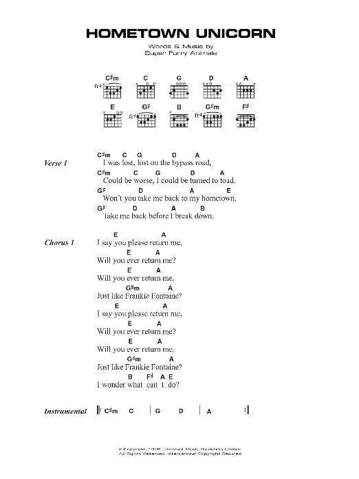 Super Furry Animals Hometown Unicorn Sheet Music Notes & Chords for Lyrics & Chords - Download or Print PDF