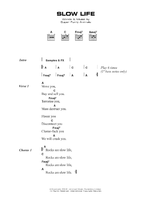 Super Furry Animals Slow Life Sheet Music Notes & Chords for Lyrics & Chords - Download or Print PDF