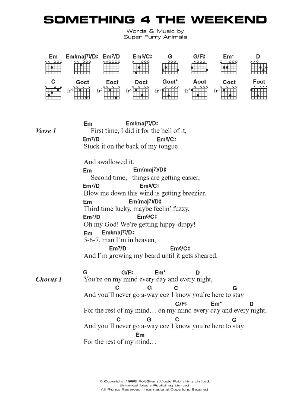 Super Furry Animals Something 4 The Weekend Sheet Music Notes & Chords for Guitar Chords/Lyrics - Download or Print PDF