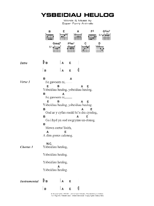 Super Furry Animals Ysbeidiau Heulog Sheet Music Notes & Chords for Lyrics & Chords - Download or Print PDF