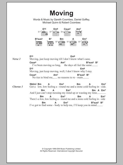 Supergrass Moving Sheet Music Notes & Chords for Lyrics & Chords - Download or Print PDF